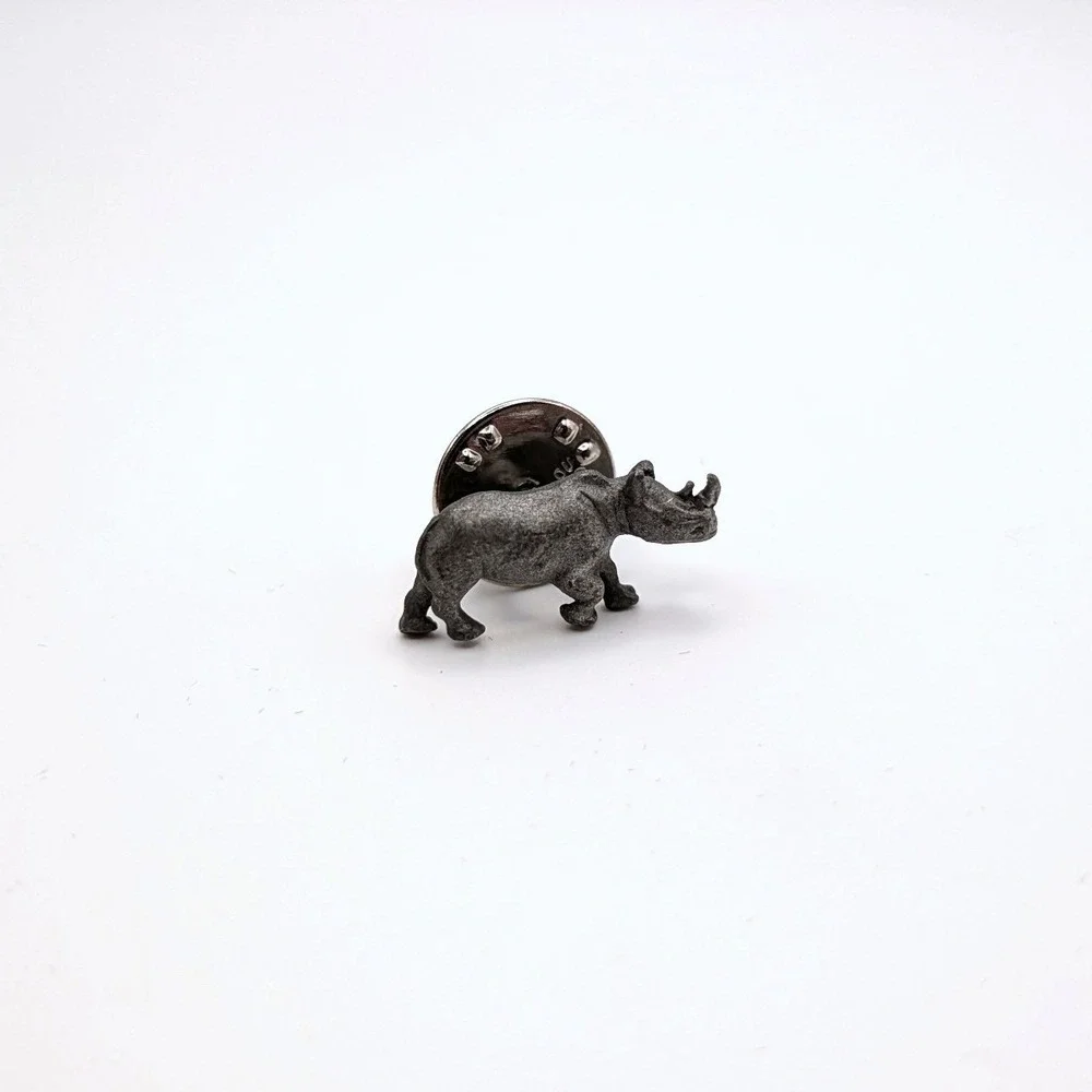 Tiny Pewter Rhinoceros Lapel Pin Silver Tone Textured Animal Safari Rhino
